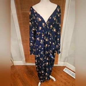 INFLUENCE ASOS navy faux wrap midi dress with pink floral print and ruffle